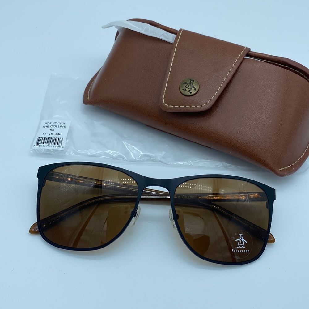 Original Penguin "The Collins" Black Metal Sunglasses Polarized Brown Lenses